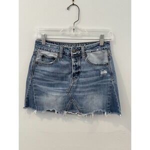 American Eagle Jean Mini Skirt Size 0 Blue Denim‎ Cutoff Distressed Button Fly